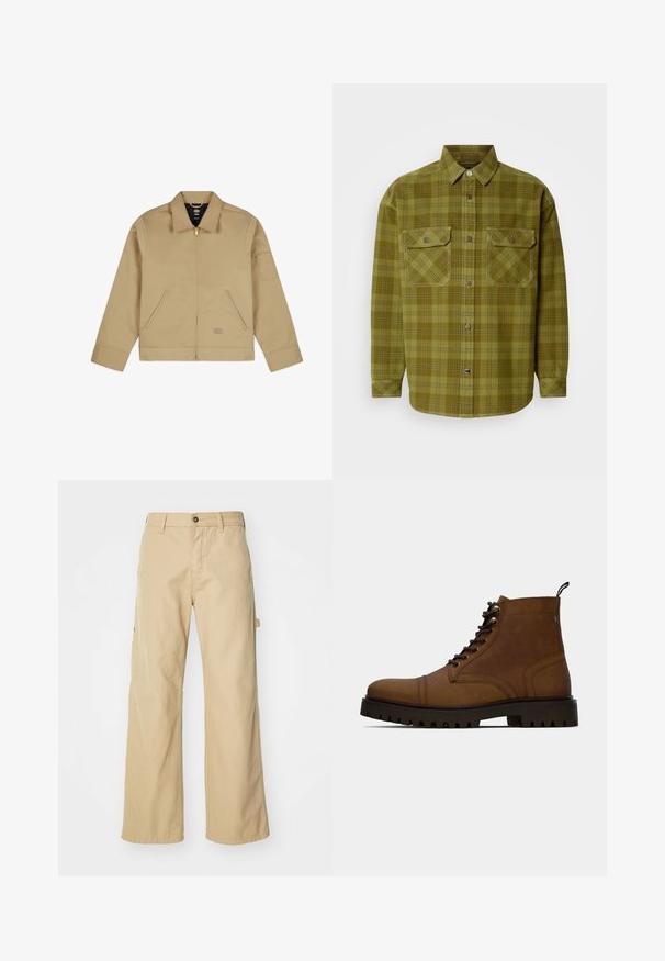Beige, leichte Jacke mit Kragen, Reißverschluss vorne, zwei seitlichen Taschen und einem Aufnäher am linken Ärmel. Glattes, strapazierfähiges Material mit einer strukturierten Gestaltung.; Grünes kariertes Hemd aus Baumwolle, mit einem Button-Down-Kragen, zwei Fronttaschen mit Klappen und langen Ärmel mit Knopfmanschetten.; Beigeweite Cargo-Hosen mit Knopfverschluss, ausgestattet mit Seitentaschen, aus strapazierfähigem Baumwollstoff, mit glatter Textur und geradem Schnitt.; Braune Leder Schnürstiefelette mit dickem schwarzem Profilsohle und Zugschlaufe auf weißem Hintergrund.
