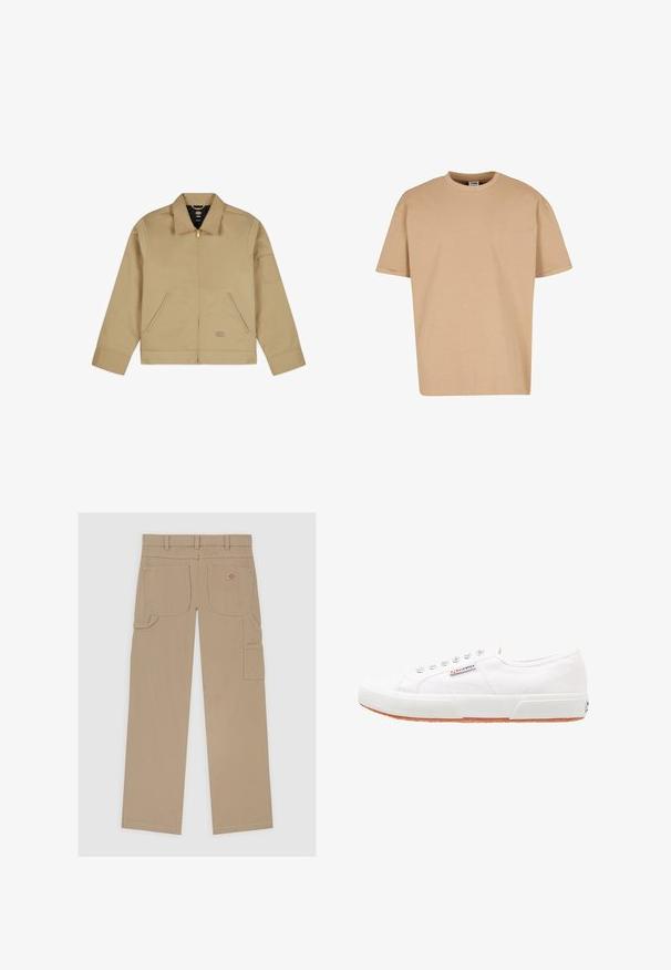 Chaqueta ligera tan con cuello, cierre frontal de cremallera, dos bolsillos laterales y un parche en el brazo izquierdo. Tejido suave y duradero con un diseño estructurado.; Urban Classics CUFF TEE - Camiseta básica - unionbeige; Pantalones cargo beige con un diseño de pierna recta, múltiples bolsillos y una discreta etiqueta de logo en la parte trasera, fabricados con una resistente mezcla de algodón.; Zapatillas de lona blancas con suela de goma, diseño de cordones y una pequeña etiqueta con el logo en el lateral. Parte superior texturizada blanca y suela marrón.