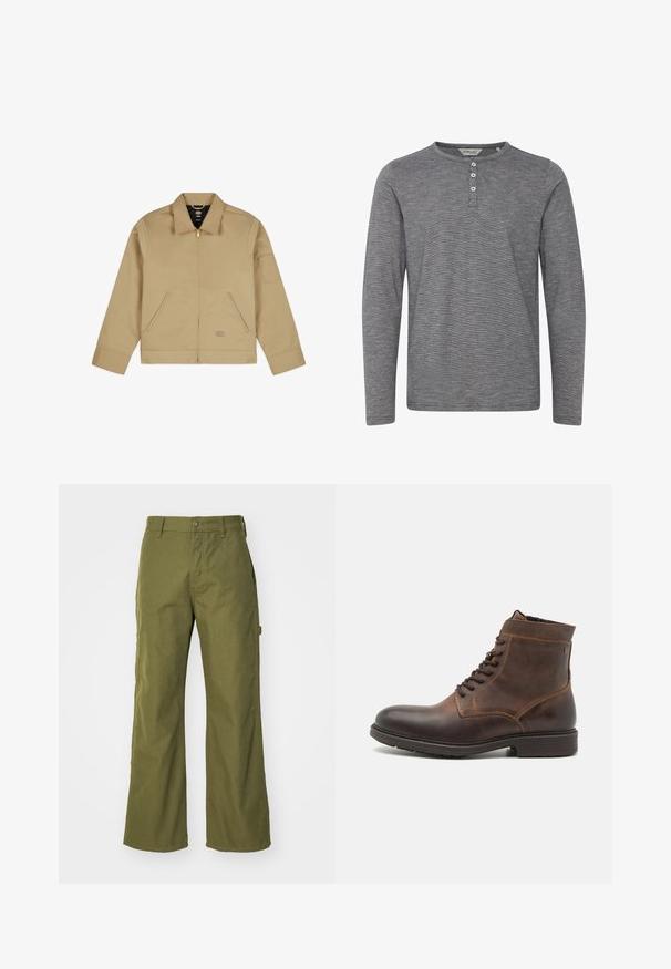 Lichte tan jas met kraag, ritssluiting aan de voorkant, twee zijzakken en een patch op de linkerarm. Glad, duurzaam materiaal met een gestructureerd ontwerp.; Grijze lange mouwen henley shirt van zachte stof, met een ronde halslijn, een drieknoopsluiting aan de voorkant en subtiele textuur.; Olijfgroene wijde broek van duurzaam materiaal, met een knoopsluiting, zijzakken en een rechte zoom.; Jack & Jones JFWDELANEY BOOT - Veterboots - cognac