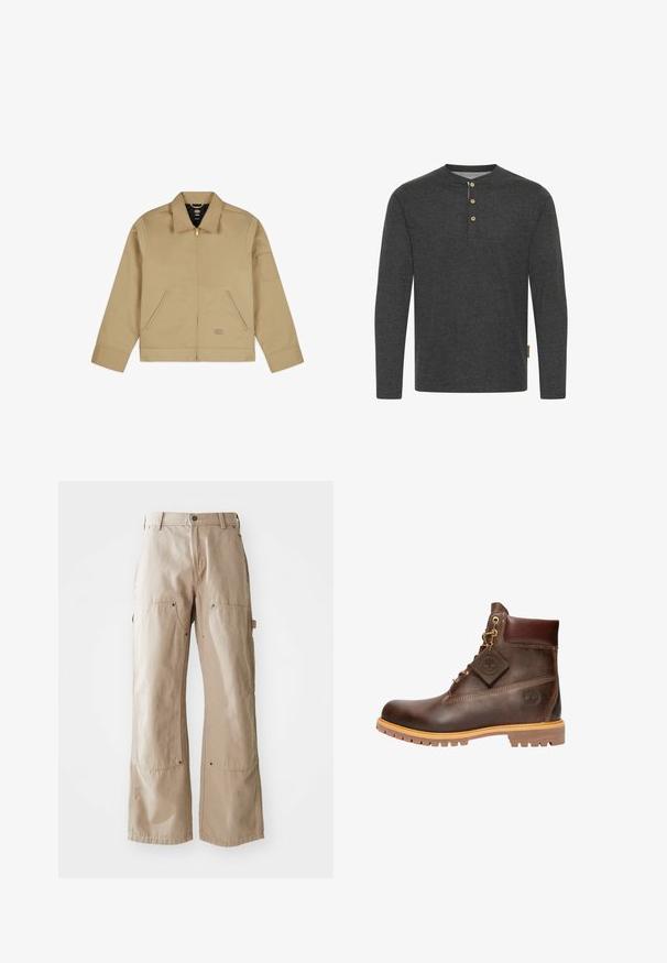 Beige, leichte Jacke mit Kragen, Reißverschluss vorne, zwei seitlichen Taschen und einem Aufnäher am linken Ärmel. Glattes, strapazierfähiges Material mit einer strukturierten Gestaltung.; Dunkelgraues Langarmshirt aus weichem Material, mit einem Henley-Ausschnitt und drei Holzknöpfen sowie einem Seitenschild.; Beige weite Hosen aus robustem Baumwollstoff. Verfügt über Front- und Seiten pockets, sichtbare Nähte und Metallakzente an den Taschen.; Braune Leder-Ankelstiefel mit runder Zehenpartie, robuster Sohle, goldfarbener Hardware und strukturiertem Obermaterial. Enthält ein angehängtes Logo-Tag.