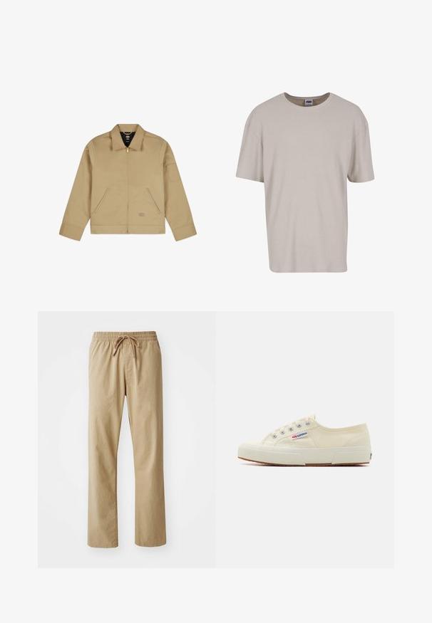 Beige, leichte Jacke mit Kragen, Reißverschluss vorne, zwei seitlichen Taschen und einem Aufnäher am linken Ärmel. Glattes, strapazierfähiges Material mit einer strukturierten Gestaltung.; Hellbeige T-Shirt mit kurzen Ärmeln aus strukturiertem Stoff, mit Rundhalsausschnitt und lockerer Passform. Keine sichtbaren Muster oder Hardware.; Helle beige Hosen mit einem elastischen Bund und Kordelzug. Hergestellt aus weichem Stoff, mit geraden Beinen und einer glatten Textur.; Beige Leinen-Sneaker mit niedrigem Profil, Metallösen und Gummisohle. Mit einem strukturierten Muster und einem Logodetail an der Seite.