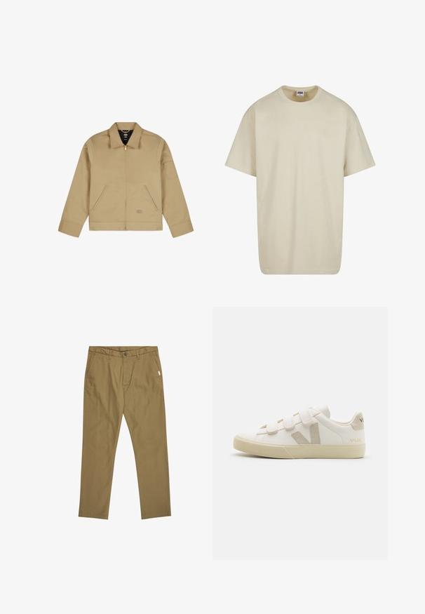 Beige, leichte Jacke mit Kragen, Reißverschluss vorne, zwei seitlichen Taschen und einem Aufnäher am linken Ärmel. Glattes, strapazierfähiges Material mit einer strukturierten Gestaltung.; Hellbeiges Baumwoll-T-Shirt mit kurzen Ärmeln, Rundhalsausschnitt und legerer Passform. Der Stoff wirkt glatt ohne sichtbare Muster oder Akzente.; Khaki Chinos mit gerader Beinform, aus Baumwollstoff, mit Knopfverschluss und zwei seitlichen Taschen. Minimale Nähdetails an den Nähten.; Weiße Leder-Sneaker mit Klettverschlüssen, beigen Akzenten, runder Zehenform, strukturiertem Gummisohle und eingeprägtem Logo. Minimalistisches Design.
