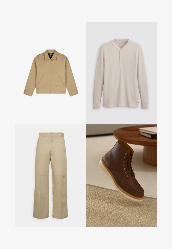 Beige, leichte Jacke mit Kragen, Reißverschluss vorne, zwei seitlichen Taschen und einem Aufnäher am linken Ärmel. Glattes, strapazierfähiges Material mit einer strukturierten Gestaltung.; Langärmliges Henley-Shirt aus leicht beigem Rippstoff mit V-Ausschnitt, Knopfleiste mit drei Knöpfen und angeschnittenen Ärmeln. Roter Logo-Tag am Saum.; Beige, weit geschnittene Hosen aus robustem Stoff, mit hoher Taille, sichtbaren Nähten und einem kleinen Logopatch an der Seite.; Braune Leder-Ankle-Boots mit beiger Sohle auf einem strukturierten beigen Teppich neben einem runden Holztisch mit gestapelten Büchern.