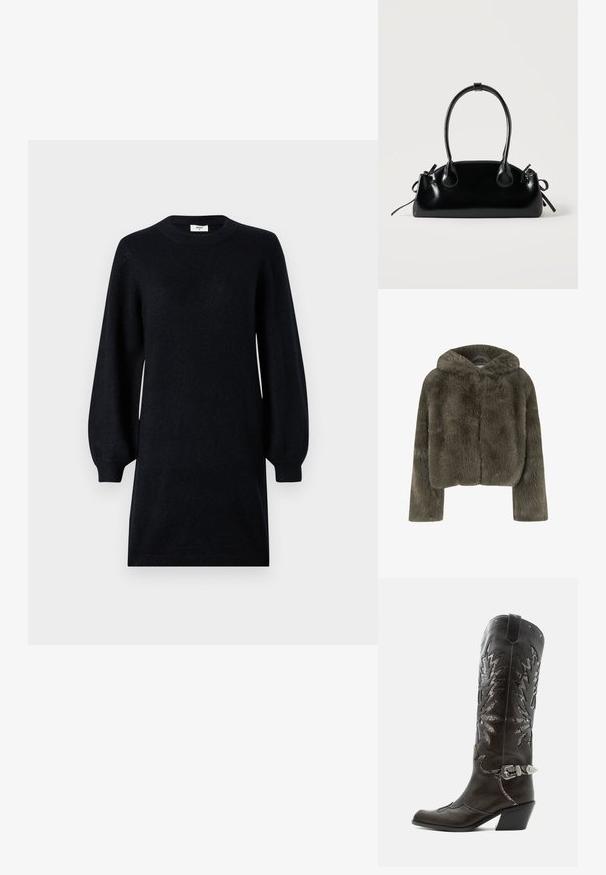Veste à capuche raccourcie en fausse fourrure gris foncé. Elle possède des manches longues et une surface douce et texturée avec un design simple et épuré.; Robe en maille noire avec un col rond, des manches ballon longues et une coupe décontractée. Texture douce et design minimal sans motifs visibles.; Botte de cowboy en cuir noir avec découpes décoratives, boucle argentée et talon incliné, présentée sur fond blanc.; Petit sac à main noir brillant avec deux longues anses et des détails à cordon sur les côtés sur un fond clair uni.