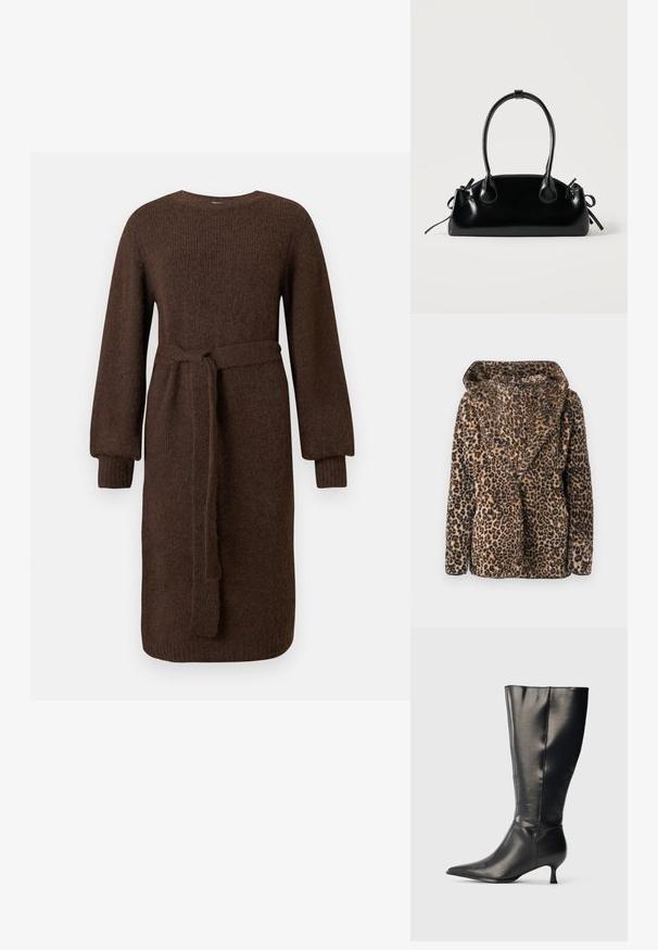 Veste en fausse fourrure imprimé léopard avec un large col et des manches longues, présentée sur un fond uni.; Robe en tricot brun à manches longues avec des poignets côtelés et une ceinture à nouer amovible, longueur genou, col rond simple.; Botte en cuir noire montant jusqu'au genou, avec un bout pointu et un petit talon bas, présentée sur un fond clair uni.; Petit sac à main noir brillant avec deux longues anses et des détails à cordon sur les côtés sur un fond clair uni.