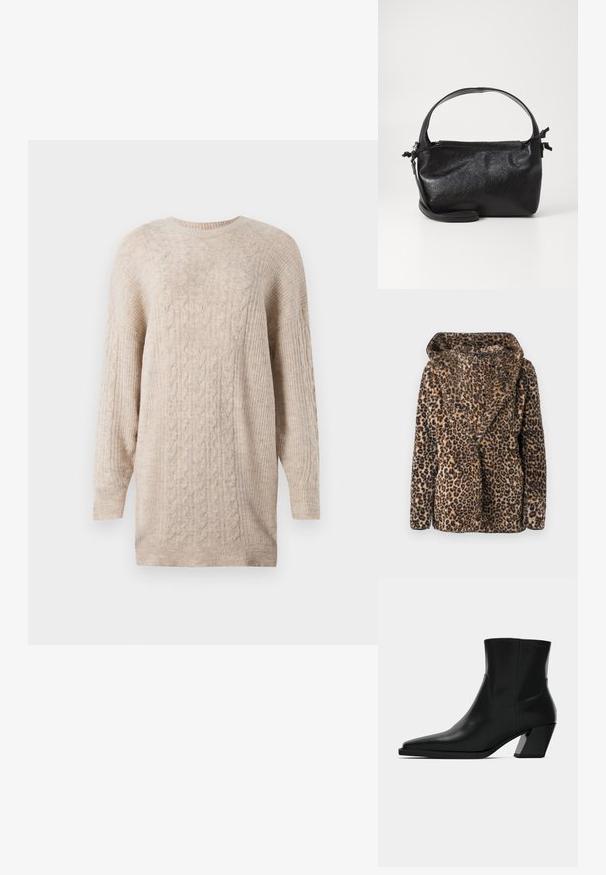 Veste en fausse fourrure imprimé léopard avec un large col et des manches longues, présentée sur un fond uni.; Robe tricotée en maille beige avec manches longues et col ras du cou côtelé, poignets et ourlet.; Bottine en cuir noir avec un bout pointu, une silhouette élégante et un talon carré massif. Texture lisse avec des détails de couture minimalistes.; Sac à main en cuir noir au design structuré, avec une poignée arrondie et une bandoulière amovible. Présente une texture lisse et un éclat subtil.