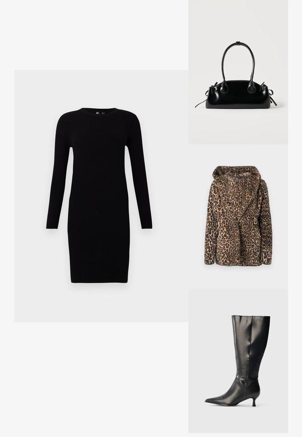 Veste en fausse fourrure imprimé léopard avec un large col et des manches longues, présentée sur un fond uni.; Robe pull noire côtelée avec des manches longues, un col rond, une silhouette ajustée et une coupe mi-longue. Texture lisse, design minimaliste.; Botte en cuir noire montant jusqu'au genou, avec un bout pointu et un petit talon bas, présentée sur un fond clair uni.; Petit sac à main noir brillant avec deux longues anses et des détails à cordon sur les côtés sur un fond clair uni.