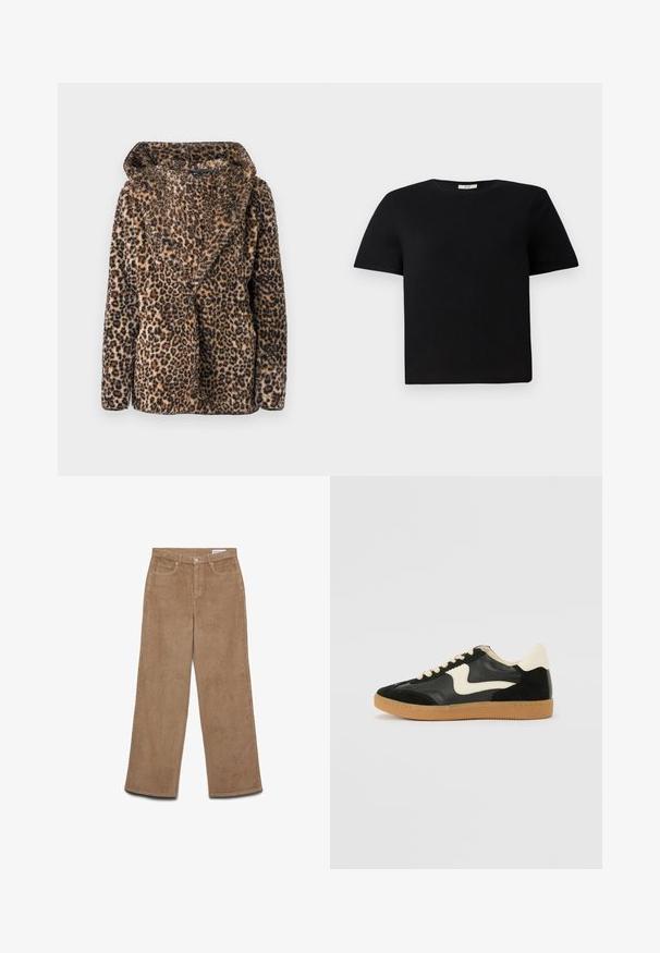 Veste en fausse fourrure imprimé léopard avec un large col et des manches longues, présentée sur un fond uni.; T-shirt noir à manches courtes en coton. Présente un col rond et une coupe décontractée. Design uni sans motifs ni accents.; Pantalon large en velours côtelé marron. Caractérisé par un tissu texturé, cinq poches et une fermeture par bouton. Coupe droite de la hanche à l'ourlet.; Baskets en daim et cuir noir avec un swoosh latéral crème et un talon crème clair. Dotées de lacets beige et d'une semelle en caoutchouc gomme.