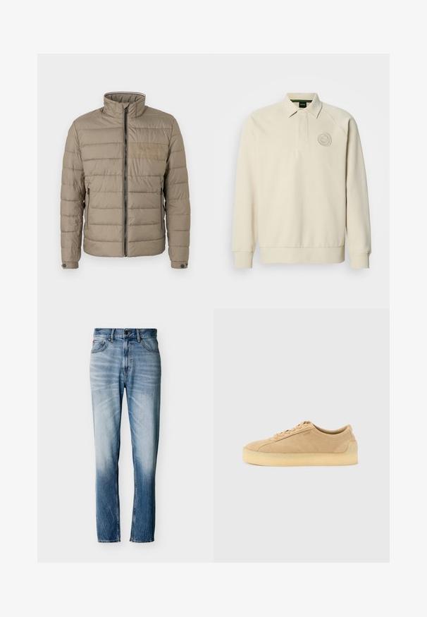 Veste matelassée de couleur marron clair, dotée d'un col haut, d'une fermeture éclair à l'avant et de poches latérales. Tissu texturé avec des coutures horizontales et un accent de logo.; Sweat-shirt beige à col polo, poignets côtelés et logo brodé circulaire sur la poitrine. Tissu doux et texturé.; Jean bleu délavé à coupe droite avec cinq poches, fermeture par bouton et passants pour ceinture, présenté à plat sur fond blanc.; Baskets basses en daim beige avec semelle épaisse en gomme, fermeture à lacets à l'avant, et logo discret sur le côté, sur un fond uni gris clair.