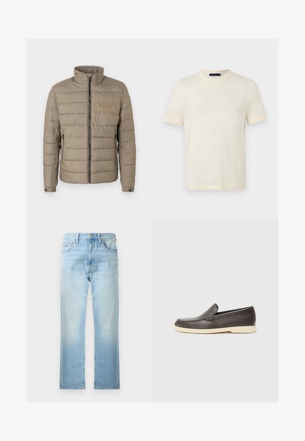 Veste matelassée de couleur marron clair, dotée d'un col haut, d'une fermeture éclair à l'avant et de poches latérales. Tissu texturé avec des coutures horizontales et un accent de logo.; T-shirt à manches courtes couleur crème, col rond, design uni, présenté sur un fond gris clair plat.; Jean bleu clair à jambes droites avec poches avant, passants de ceinture et fermeture par bouton sur fond blanc uni.; Chaussures à enfiler en cuir marron avec une surface texturée et une semelle beige clair contrastante, présentant un bout arrondi et de minimalistes détails de couture.