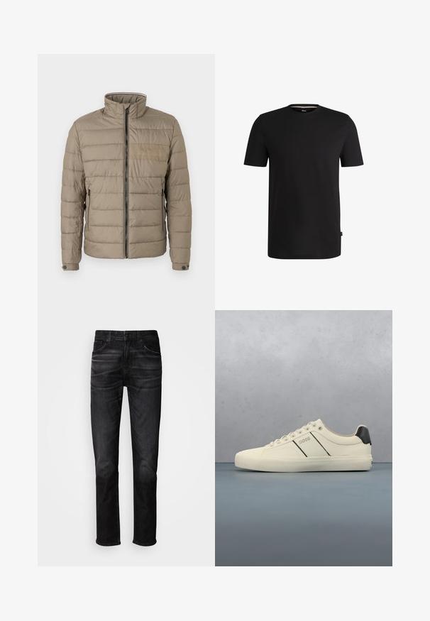 Veste matelassée de couleur marron clair, dotée d'un col haut, d'une fermeture éclair à l'avant et de poches latérales. Tissu texturé avec des coutures horizontales et un accent de logo.; T-shirt noir à manches courtes en coton lisse avec un col rond. Présente une étiquette de marque discrète sur le côté gauche près de l'ourlet.; Jean en denim noir à coupe droite, conception cinq poches, légère décoloration, et fermeture par bouton. Style classique adapté pour une tenue décontractée.; Baskets de couleur crème avec une texture lisse, dotées d'accents et de marquage noirs. Design classique à lacets avec un bout rond et une semelle en caoutchouc.