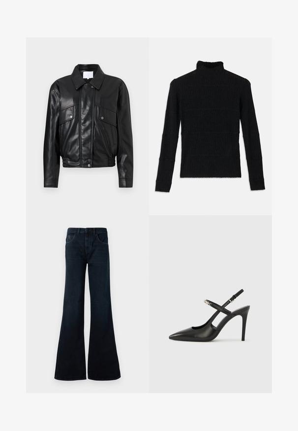 Sort læderjakke med krave, to brystlommer og en gathered talje. Glat tekstur med synlige syningsdetaljer.; Sort ribbet turtleneck sweater med lange ærmer og en tekstureret overflade. Fremstår med vandrette striber og en bølget kant ved ærmerne.; Mørkeblå flared jeans lavet af denim. Har høj talje, to forreste lommer og en ren finish uden synlige metaldele.; Sorte læder slingback-højhæle med spids tå, udskåret design og justerbar rem med metalhardware.