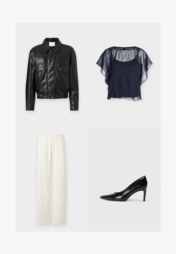 Sort læderjakke med krave, to brystlommer og en gathered talje. Glat tekstur med synlige syningsdetaljer.; Sort gennemsigtig kortærmet bluse med diamantmønstret blonder og et lag af sort camisole under.; Off-white, lige ben bukser med elastisk talje og uden synlige lommer eller pynt.; Sort læder højhælede sko med spids tå, glat tekstur og en taperet hæl. Minimalistisk design uden yderligere udsmykninger.
