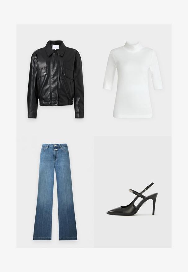 Schwarze Lederjacke mit kragenförmigem Ausschnitt, zwei Brusttaschen und einem gerafften Taillenbund. Glatte Textur mit sichtbaren Nähdetails.; Weißes, geripptes Halbarm-Turtleneck-Top mit figurbetonter Passform, dargestellt auf neutralem grauem Hintergrund.; Blaue Jeans aus Denim mit hoher Taille, Knopfverschluss, Taschen vorne und hinten sowie einem leichten Schlag am unteren Saum.; Schwarze Slingback-Pumps aus Leder mit spitz zulaufender Spitze, Cut-Out-Design und verstellbarem Riemen mit metallischem Beschlag.