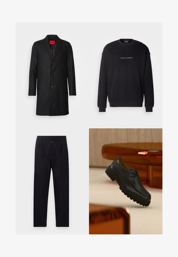 Sort uldfrakke med skræddersyet pasform, klippet revers, treknaps lukning og sidelommer. Fodret indre med mærketag.; Scotch & Soda CORE LOGO FRONT CHEST - Sweatshirt - black; Sorte bomuldsbukser med lige ben, med frontfolder, sidelommer og lynlås. Struktureret stoffinish.; Sort tekstureret lædersko med snørebånd og tyk rillet sål, mærket "HUGO" nær hælen, vist mod et beige tæppe og ravfarvet møbel.