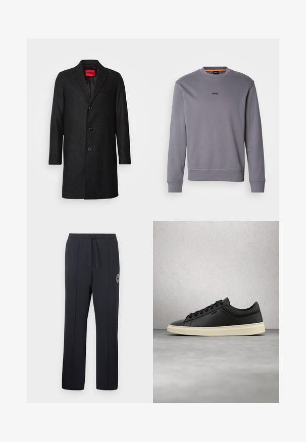 Sort uldfrakke med skræddersyet pasform, klippet revers, treknaps lukning og sidelommer. Fodret indre med mærketag.; Grå sweatshirt i bomuld med rund halsudskæring, ribbede manchetter og nederste kant, med et lille "BOSS" logo på fronten.; Sorte joggingbukser lavet af blødt stof, med snøre i taljen, sidelommer med plisseringer og en cirkulær logo på venstre lår.; Sort lav sneaker med tekstureret hælpanel og hvid sål, der svæver over en poleret betongulv nær glasblokvinduer.