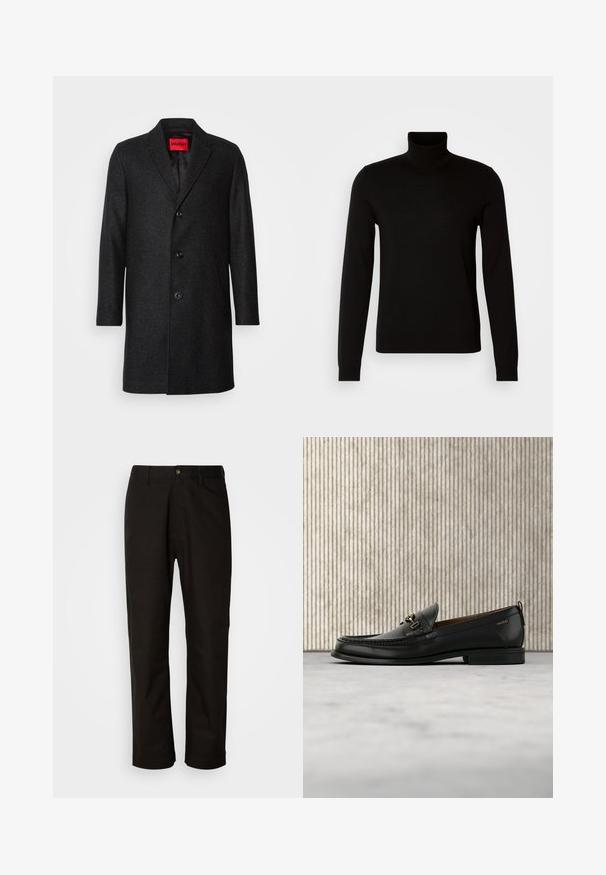 Zwarte wollen jas met een getailleerde pasvorm, notched lapel, drieknops sluiting en zijzakken. Gevoerd interieur met een merklabel.; Zwarte coltrui van fijn gebreide stof, met lange mouwen en een getailleerde pasvorm. Gladde textuur met geribbelde manchetten.; Zwarte katoenen broek met een rechte snit, riemlussen, een ritssluiting aan de voorkant en een enkele knoopsluiting. Soepele textuur zonder zichtbare patronen.; Zwarte leren loafer met gouden metalen gesp en "HUGO" branding, weergegeven tegen een beige tapijt en bruin doorschijnend meubilair.