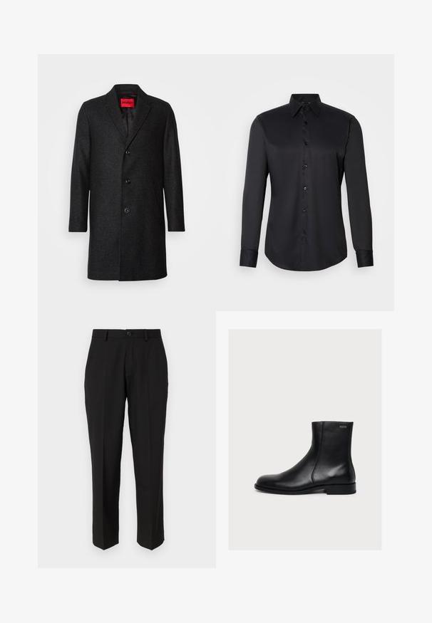 Zwarte wollen jas met een getailleerde pasvorm, notched lapel, drieknops sluiting en zijzakken. Gevoerd interieur met een merklabel.; Zwarte button-up shirt gemaakt van gladde stof, met een klassieke kraag, lange mouwen en knoopsluiting aan de voorkant.; Zwarte broeken van soepele stof, met een rechte pijpconstructie, vo pockets, een enkele knoopsluiting en geen zichtbare patronen.; Zwarte gladde lederen enkellaars met lage hak en zijrits, gelabeld Hugo vlak bij de bovenrand.