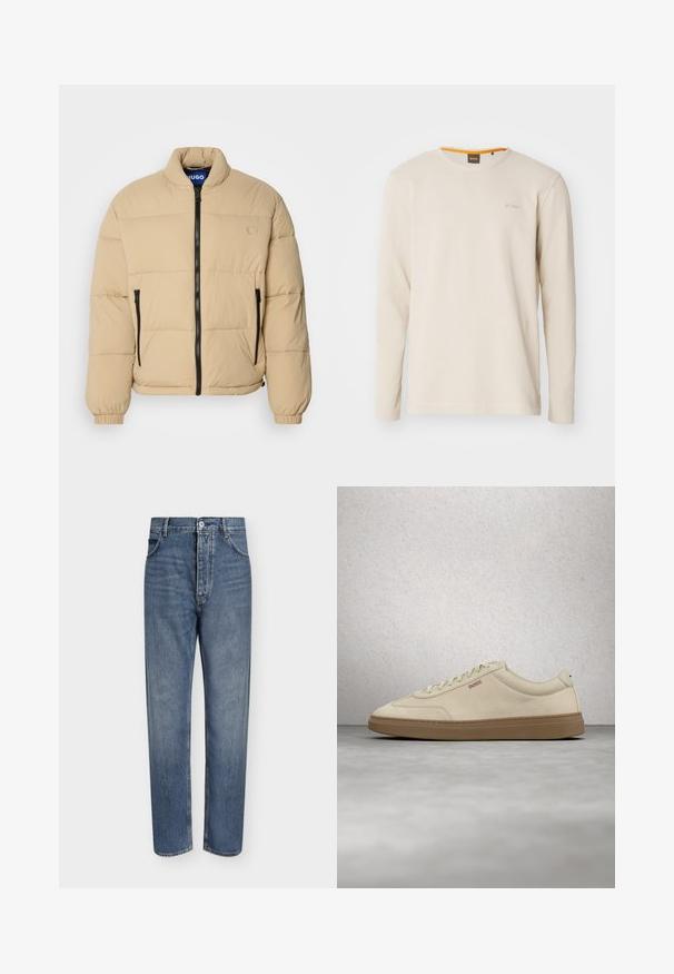 Doudoune beige avec col montant, fermeture éclair à l'avant et deux poches zippées. Présente un motif matelassé et des poignets élastiques. Logo sur la poitrine.; T-shirt beige clair à manches longues en tissu texturé. Présente un col ras du cou et un petit logo sur la poitrine avec un accent orange à l'intérieur du col.; Jean droit en denim bleu avec taille haute, fermeture à boutons sur le devant et design à cinq poches sur un fond clair uni.; Baskets en daim beige clair avec une semelle en caoutchouc gomme, des lacets prononcés et des détails de couture subtils. Design épuré avec une esthétique minimaliste.