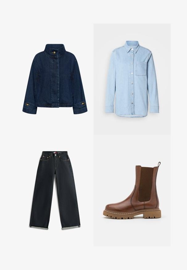 Jeansjacke in Dunkelblau. Mit hohem Kragen, vorderem Knopfverschluss und Seitentaschen. Umschlagärmel mit Messingknöpfen.; Himmelblaues Denim-Hemd mit Knopfverschluss, spitzem Kragen, einer Brusttasche und langen Ärmeln mit knöpfbaren Manschetten.; Dunkelblaue Jeans mit weitem Bein und aufgerollten Säumen, Fünf-Taschen-Design und kontrastierenden orangen Nähten auf weißem Hintergrund.; Braune Leder-Ankle-Boots mit elastischen Einsätzen und einem Ziehschlaufe. Sie verfügen über eine robuste Gummisohle und sichtbare Nahtdetails entlang der Kanten.
