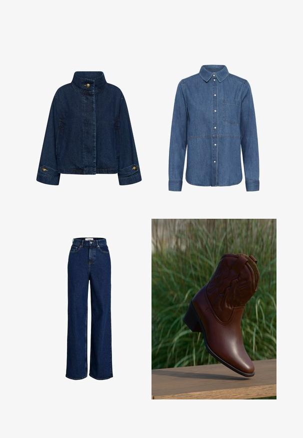 Jeansjacke in Dunkelblau. Mit hohem Kragen, vorderem Knopfverschluss und Seitentaschen. Umschlagärmel mit Messingknöpfen.; Blaues Denim-Hemd mit langen Ärmeln, Knopfleiste, spitzem Kragen, Brusttasche auf der linken Seite und sichtbaren weißen Knöpfen an der Vorderseite.; Dunkelblaue, hoch taillierte Jeans mit weitem Bein, vorderen Taschen, Gürtelschlaufen, Knopfverschluss und sichtbaren Nahtdetails.; Brauner Cowboystiefel aus Leder mit dekorativer Naht, schräg nach oben auf einer Holzoberfläche mit unscharfem grünem Gras im Hintergrund.