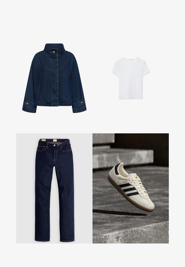 Jeansjacke in Dunkelblau. Mit hohem Kragen, vorderem Knopfverschluss und Seitentaschen. Umschlagärmel mit Messingknöpfen.; Weißes kurzärmliges T-Shirt aus weichem Stoff. Hat einen runden Halsausschnitt und ein einfaches, sauberes Design mit geradem Saum.; Dunkelblaue Jeans mit geradem Bein, oranger Naht, fünf Taschen und Knopfverschluss, flach auf einem hellen Hintergrund ausgebreitet.; Weißer Adidas Samba Sneaker mit schwarzen Streifen und Gummisohle, schwebend über strukturierten grauen Betontreppen.