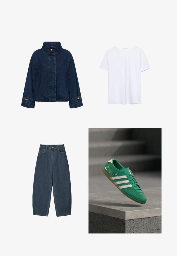 Jeansjakke i mørkeblå. Har en høj krave, frontlukning med knapper og sidelommer. Manchetter med messingknapper.; Simpel hvid kortærmet t-shirt med rund hals og lige kant, præsenteret på en hvid baggrund.; Mørkeblå denim buede bukser med høj talje, som har fem lommer og synlige stingdetaljer. Ren, minimalistik design.; Grøn sneaker med hvide tre striber, blomsterdetaljer, struktureret overdel og en pink hælflap. Gummiydersål for greb.