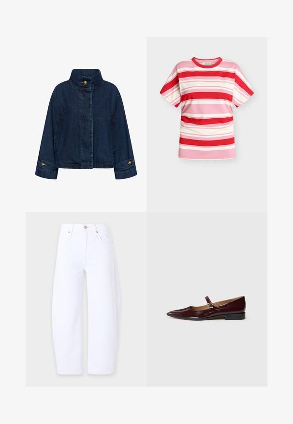 Tummansininen farkkutakki. Ominaisuuksiin kuuluu korkea kaulus, etupainikekiinnitys ja sivutaskut. Hihansuissa on nappikiinnitys messinkisestä materiaalista.; Modström URBANMD STRIPE T-SHIRT - Printtipaita - hibiscus peach stripe; Yksinkertaiset valkoiset suorat farkut, joissa on etutaskut, vyölenkit ja napitus vyötäröllä vaaleaa taustaa vasten.; Burgundin patentti nahka Mary Jane -kävelykengät, joissa on terävä kärki, litteä kantapää ja koristeellinen hihna pyöreällä soljella.