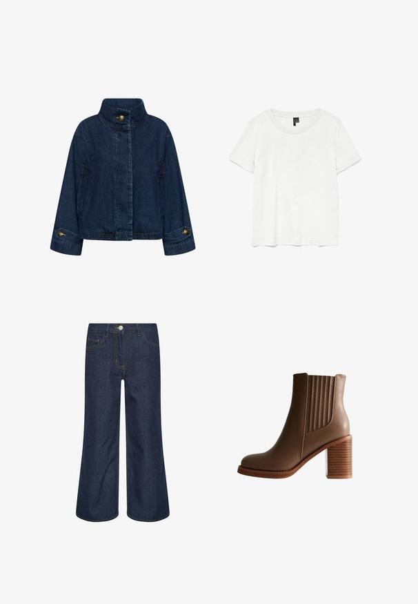 Jeansjacke in Dunkelblau. Mit hohem Kragen, vorderem Knopfverschluss und Seitentaschen. Umschlagärmel mit Messingknöpfen.; Weißes T-Shirt mit kurzen Ärmeln und rundem Ausschnitt, hergestellt aus leichtem Stoff. Schlichtes Design, glatte Textur und gerader Saum.; Dunkelblaue Jeans mit weitem Bein, vorderem Knopf, Reißverschluss und sichtbaren orangefarbenen Nähten an Taschen und Nähten.; Braune Leder-Stiefelette mit gestapeltem Blockabsatz und elastischen Seitenpaneelen für einfaches An- und Ausziehen, im Profil auf weißem Hintergrund dargestellt.