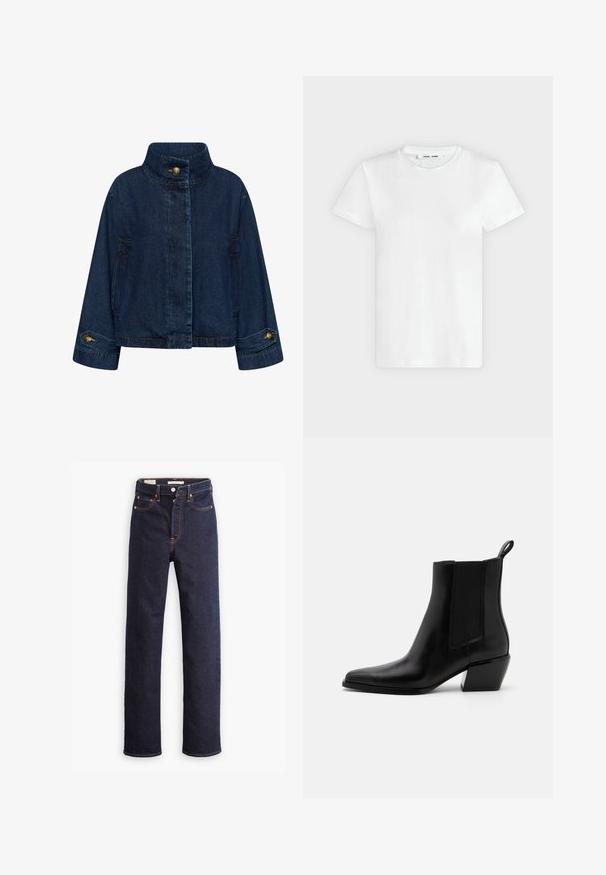 Jeansjacke in Dunkelblau. Mit hohem Kragen, vorderem Knopfverschluss und Seitentaschen. Umschlagärmel mit Messingknöpfen.; Ein schlichtes weißes T-Shirt mit kurzen Ärmeln und Rundhalsausschnitt liegt flach auf einem hellgrauen Hintergrund, zeigt die Vorderseite mit einem Etikett im Halsausschnitt.; Dunkelblaue gerade geschnittene Denim-Jeans mit fünf Taschen und sichtbaren orangefarbenen Nähten auf einem weißen Hintergrund.; Schwarze Leder-Stiefeletten mit spitzem Zeh, elastischen Seitenpanelen und einem niedrigen Blockabsatz. Mit einer Zuglasche an der Ferse für ein einfaches An- und Ausziehen.
