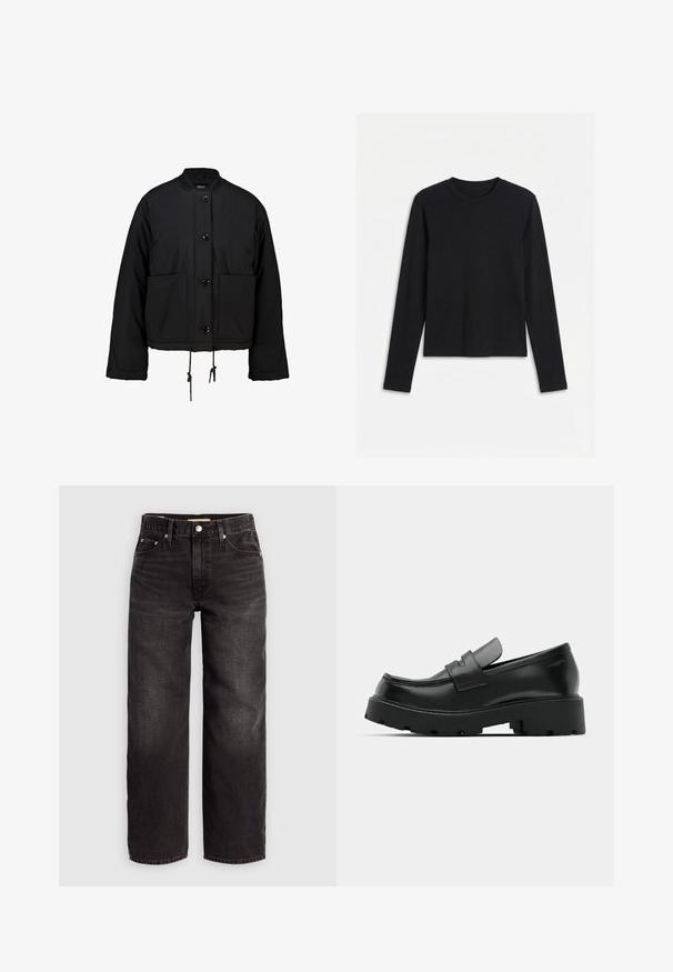 Schwarze, kurz geschnittene Jacke aus gepolstertem Stoff, mit rundem Halsausschnitt, vorderen Knöpfen, zwei großen Taschen und verstellbarem Kordelzug am Saum.; Schwarzes Langarmshirt mit rundem Ausschnitt und figurbetontem, schlichtem Design, dargestellt vor weißem Hintergrund.; Levi's® BAGGY DAD - Baggy Jeans - shrink up; Schwarze Leder-Loafers mit einer chunky strukturierten Sohle, ausgestattet mit einem Riemen über dem Spann und einer glatten, polierten Oberfläche.