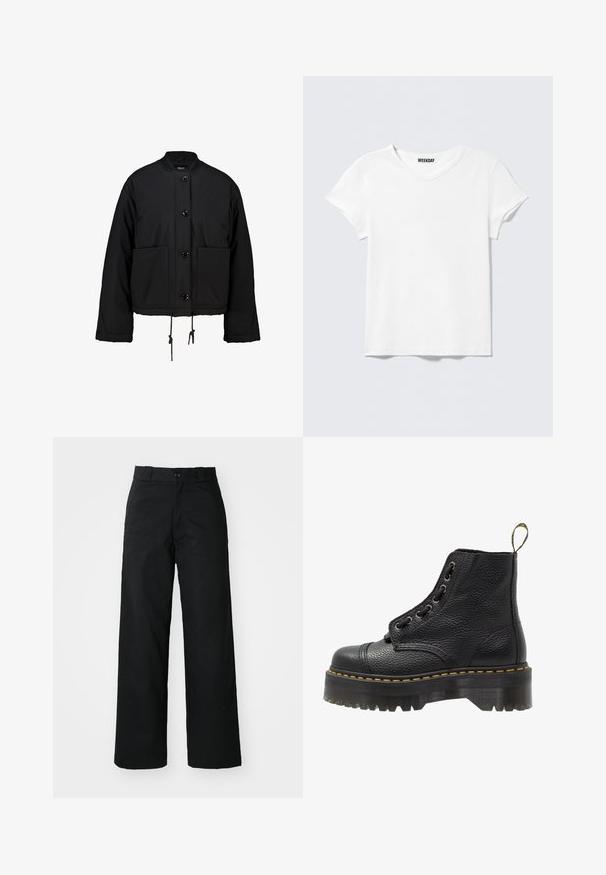 Chaqueta negra corta hecha de tejido acolchado, con un cuello redondo, botones frontales, dos grandes bolsillos y un cordón ajustable en el dobladillo.; Camiseta blanca lisa de manga corta y cuello en V, con una pequeña etiqueta "WEEKDAY" en el interior del cuello, mostrada sobre un fondo gris claro.; Pantalones de pierna ancha negros con un frente plano, cierre de botón y pasadores para cinturón. Hechos de una tela duradera con una textura suave.; Botín negro de cuero con superficie texturizada, punta redonda, diseño de cordones, costuras amarillas y una gruesa suela de plataforma negra estriada.