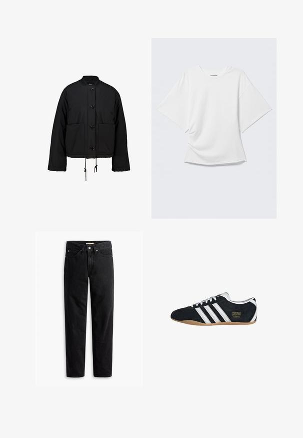 Chaqueta negra corta hecha de tejido acolchado, con un cuello redondo, botones frontales, dos grandes bolsillos y un cordón ajustable en el dobladillo.; Camiseta blanca oversized de manga corta con cuello redondo mostrada sobre un fondo gris claro.; Jeans negros de pierna recta con cierre de botones y cremallera, pasadores para cinturón y bolsillos delanteros y traseros, exhibidos de forma plana sobre un fondo blanco.; Zapatillas de ante negro con tres franjas blancas, logotipo dorado y suela de goma marrón. Presentan un diseño de cordones de perfil bajo.