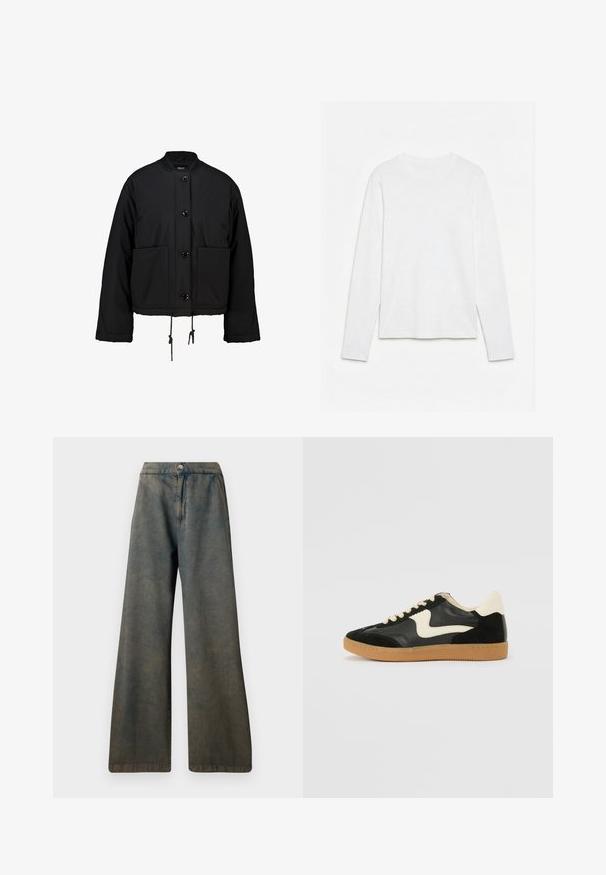 Chaqueta negra corta hecha de tejido acolchado, con un cuello redondo, botones frontales, dos grandes bolsillos y un cordón ajustable en el dobladillo.; Camiseta blanca lisa de manga larga con cuello redondo, extendida sobre una superficie blanca, mostrando el frente y la longitud completa de la manga.; Vaqueros de pierna ancha en azul oscuro con cintura alta, que presentan un cierre frontal con botones y una textura sutil. La tela parece ligeramente desgastada.; Zapatillas de deporte de ante y cuero negro con un swoosh lateral en crema y un talón en crema claro. Presenta cordones beige y una suela de goma marrón.