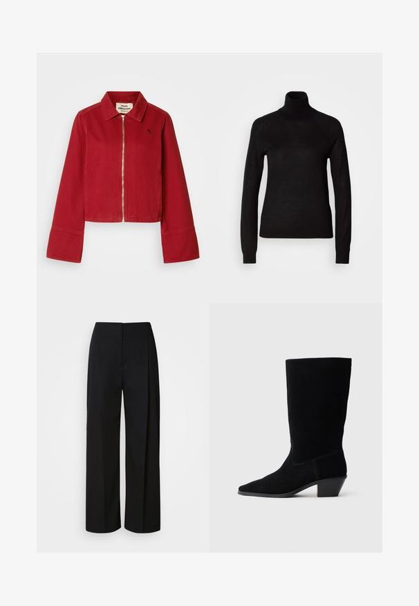 Rød kort jakke med krave og frontlynlås. Har flared ærmer og et lille broderet logo på venstre bryst. Lavet af bomuldsstof.; Sort turtleneck sweater lavet af et let strikket stof. Har lange ærmer og en tætsiddende silhuet med raglan-sømme.; Sorte højhåndede bukser med vide ben, skjult frontlukning, tilpassede syninger og et glat, struktureret stof.; Sort ruskind ankelstøvle med spidse tæer, mellemhøj skaft og en chunky hæl. Fuldender et minimalistisk design med lidt syninger og en glat tekstur.