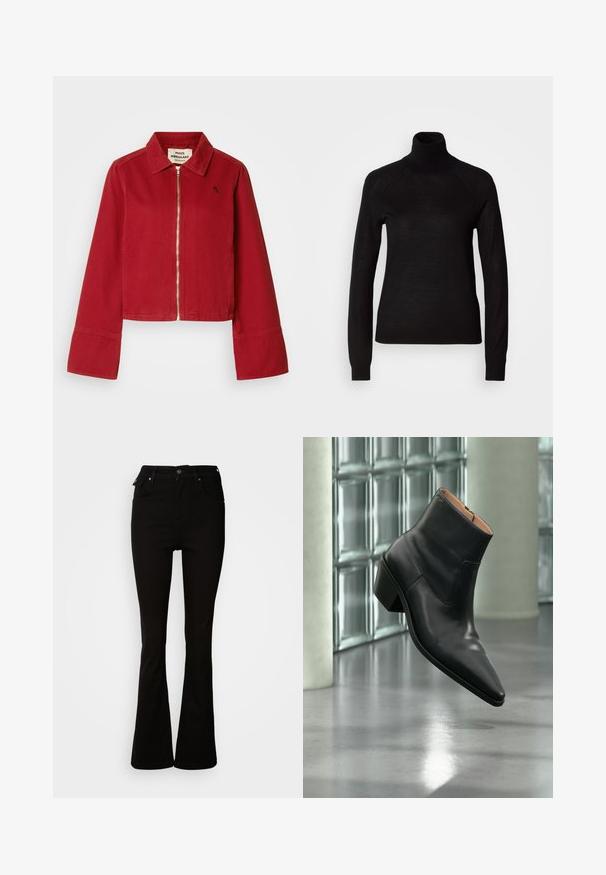 Rød kort jakke med krave og frontlynlås. Har flared ærmer og et lille broderet logo på venstre bryst. Lavet af bomuldsstof.; Sort turtleneck sweater lavet af et let strikket stof. Har lange ærmer og en tætsiddende silhuet med raglan-sømme.; Sorte flare jeans lavet af denim, med høj talje, forlommer og et klassisk fem-lomme design med metalhardware detaljer.; Sort læderankelstøvle med spids tå og blokhæl, der svæver over en reflekterende grå gulv nær en væg af glasblokke.