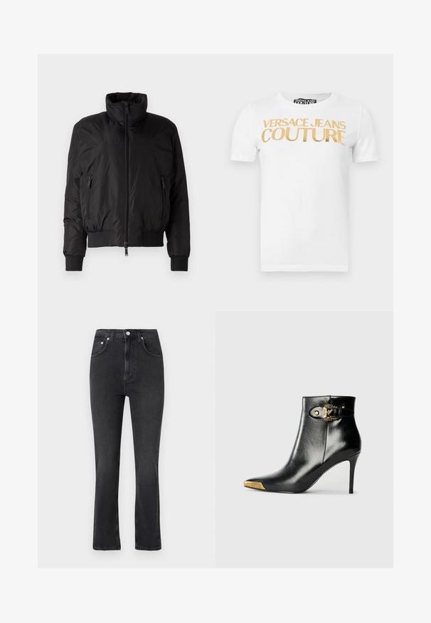 Veste doudoune noire avec un col haut, fermeture éclair à l'avant et deux poches latérales zippées. Comprend des poignets élastiques et un design court.; T-shirt blanc à manches courtes avec le texte doré "VERSACE JEANS COUTURE" imprimé sur la poitrine.; Jean noir taille haute à jambes droites avec poches avant, passants pour ceinture, fermeture par bouton et coutures visibles sur un fond clair.; Bottine noire en cuir brillant, avec un bout pointu, un talon aiguille, et des accessoires dorés ornés d'une boucle décorative.