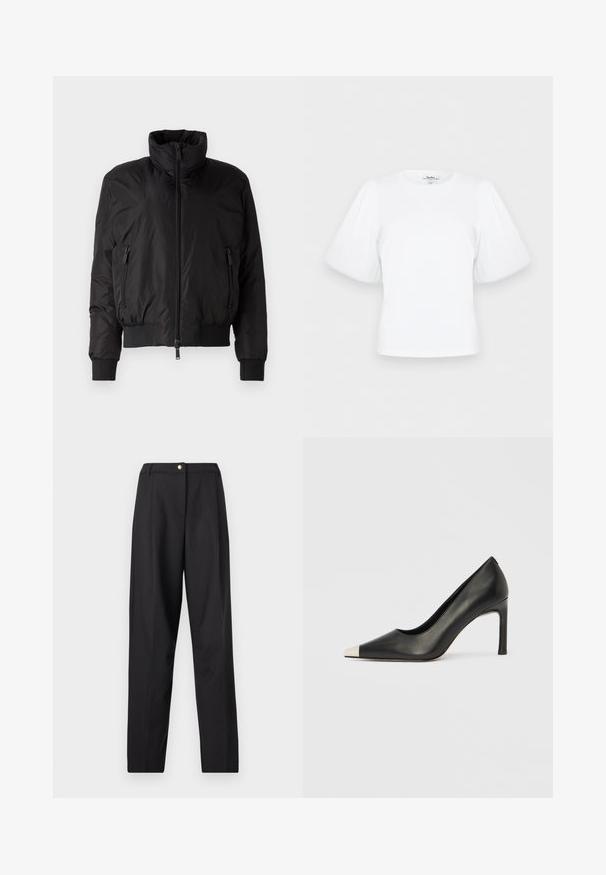 Veste doudoune noire avec un col haut, fermeture éclair à l'avant et deux poches latérales zippées. Comprend des poignets élastiques et un design court.; Blouse blanche à manches courtes bouffantes avec un col rond, présentée à plat sur un fond clair.; Pantalon noir taille haute, coupe droite, avec une fermeture à bouton unique en or à la taille.; Chaussure à talon haut en cuir noir avec bout pointu et capuchon argenté métallique. Présente une finition lisse et un talon fin de 10 cm.