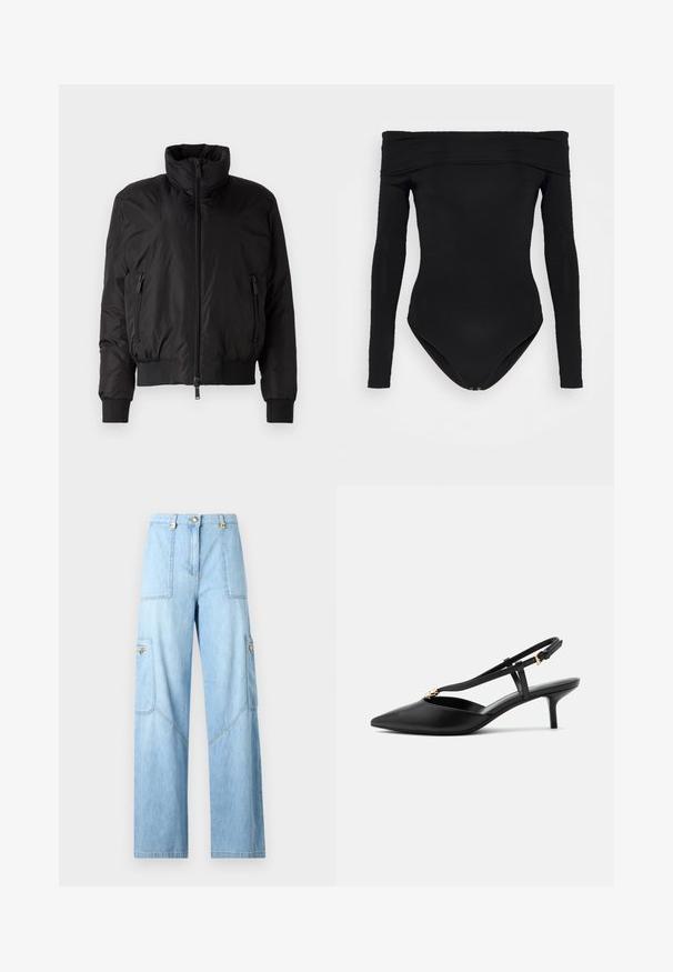 Veste doudoune noire avec un col haut, fermeture éclair à l'avant et deux poches latérales zippées. Comprend des poignets élastiques et un design court.; Materiel CAPE SLEEVE BODY - T-shirt imprimé - black; Jean large bleu clair en denim. Comprend de grandes poches latérales, des détails cousus et une fermeture à bouton avec des accents dorés.; Escarpin slingback en cuir noir à petit talon kitten, bout pointu, fine bride en T, boucle réglable et petite décoration dorée sur la bride.
