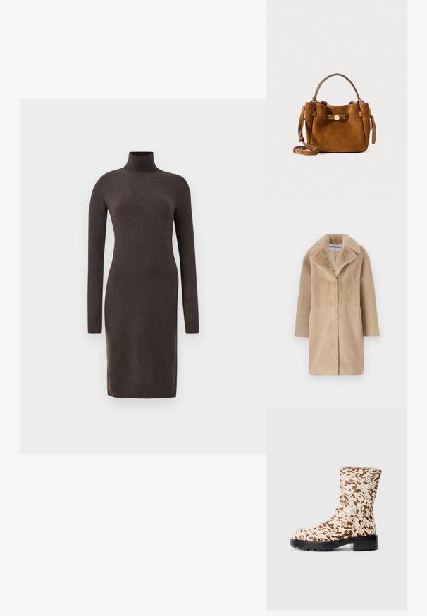 STAND STUDIO CAMILLE COCOON COAT - Vinterfrakke - powder beige; Brun langærmet sweaterkjole med høj hals, lavet af et blødt, ribbet materiale. Har tætsiddende ærmer og en lige silhuet.; Kraftig ankelstøvle lavet af tekstureret stof med en cremet bund og brune prikker, som har en sort gummisål og en afrundet tå.; Brun ruskind taske med en rund form, korte håndtag og en aftagelig strop. Udsmykket med en guldfarvet knap og firkantede lapper.