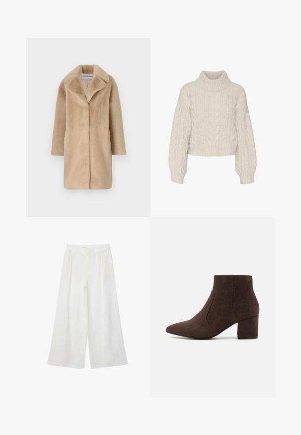 STAND STUDIO CAMILLE COCOON COAT - Vinterfrakke - powder beige; Vero Moda Knitted VMDREAM Knitted - Striktrøje - birch; Vide hvide hørbukser med frontplisser og bæltestropper, designet til en løs, afslappet pasform.; Brun ruskindsankelstøvle med spids snude, høj blokhæle og syede sidelommer. Glat tekstur og ren silhuet.