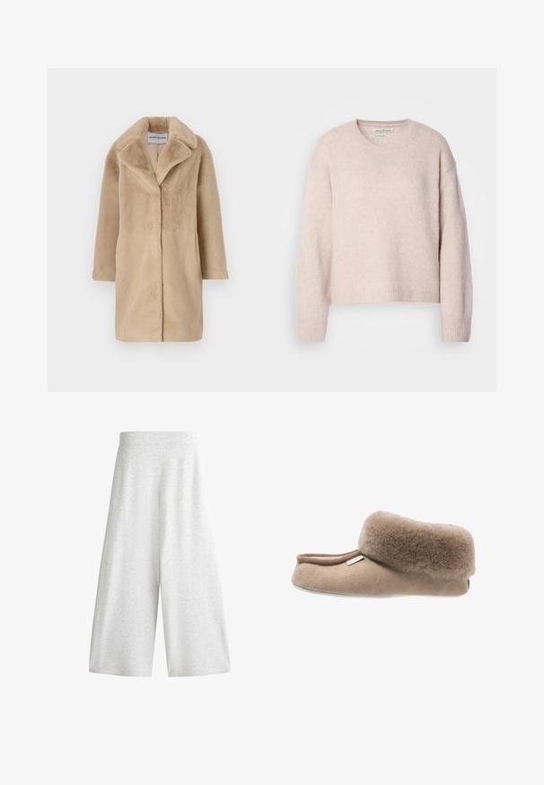 STAND STUDIO CAMILLE COCOON - Vinterfrakke - powder beige; Lyserød sweater lavet af blødt, tekstureret stof. Har en rund hals, dropped skuldre samt ribbede маншеты og søm. Cropped design.; Bukser med brede ben i lysegrå strik med elastisk talje og en afslappet, kort pasform.; Brune ruskinds slippers med en fyldig pelskant, rund form, blød tekstur og flad sål. Har et lille brandmærke på siden.