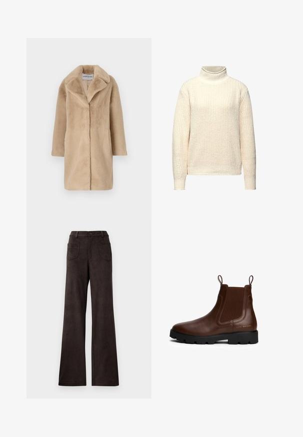 STAND STUDIO CAMILLE COCOON COAT - Wintermantel - powder beige; Crème turtleneck trui met een gegarneerd ribbelpatroon, losse pasvorm en lange mouwen, gemaakt van een zachte gebreide stof.; Bruine brede pantalons gemaakt van zachte, gestructureerde stof. Kenmerken zijn een knoopsluiting en twee voorke pockets.; Bruine leren Chelsea-boot met elastische zijkanten, trekhaakjes, zwarte rubberen zool en gouden logo-detail aan de zijkant. Glad oppervlak.