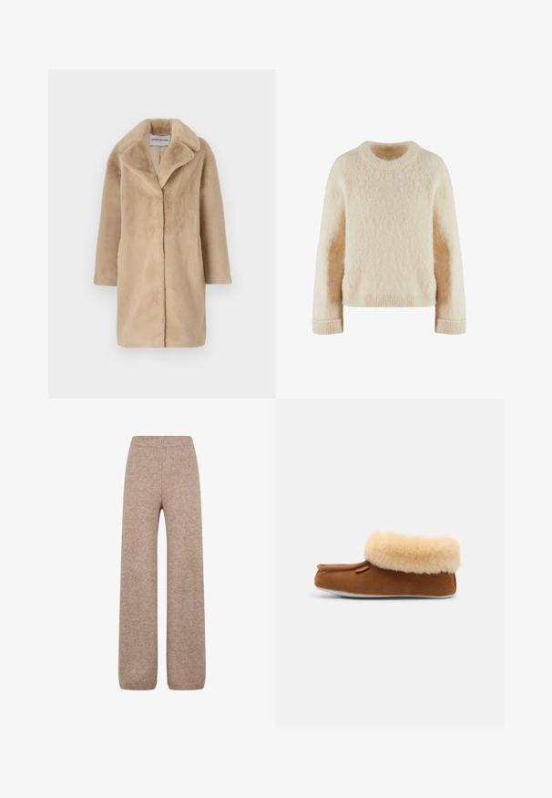 STAND STUDIO CAMILLE COCOON - Vinterfrakke - powder beige; Cremefarvet strikket sweater med rund halsudskæring, lange ærmer og en blød, struktureret overflade. Ribkanter ved håndleddene og kanten for ekstra struktur.; Strikkede bukser med vidde i en lys brune nuance med en ribbet talje og ribkant. Bukserne har et blødt, tekstureret stof. Ingen synlige lommer.; Brune ruskindsslipper med tan kunstpelskant, rundt tå og flad hvid sål. Har minimal branding på siden.
