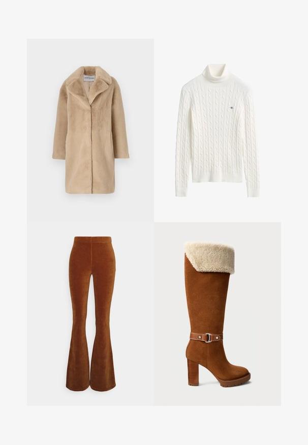 STAND STUDIO CAMILLE COCOON COAT - Wintermantel - powder beige; Witte kabelgebreide coltrui met lange mouwen en een klein geborduurd logo op de borst.; Bruine fluwelen flared broek met verticale ribbelstructuur, met een aansluitende taille en een uitlopend uiteinde, wat zorgt voor een gladde afwerking.; Hoge bruine suède laars met opgevouwen crème schapenvacht manchette, leren riem met gesp en stevige, gestapelde hak op een witte achtergrond.