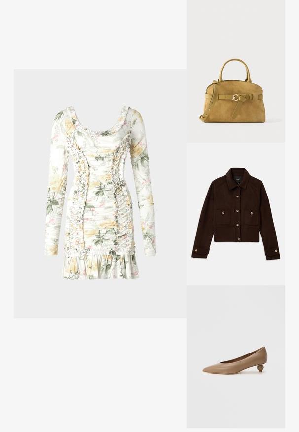 Donkerbruin cropped jack met lange mouwen, knoopsluiting aan de voorkant en manchetknopen, en twee zakken met kleppen en knopen op de borst.; Bloemrijke mini-jurk in het wit met gele en roze patronen. Heeft lange mouwen, een getailleerde silhoutte en geplooide details langs de zijkanten.; Pumps met een spitse neus van glad lichtbruin leer. Voorzien van een afgeronde lage hak met een bolvormige uitstraling. Minimalistisch ontwerp, zonder zichtbare versieringen.; Beige suède handtas met afgeronde bovenkant, dubbele handvatten, verstelbare schouderriem en decoratieve gouden gesp op de voorkant van de riem.