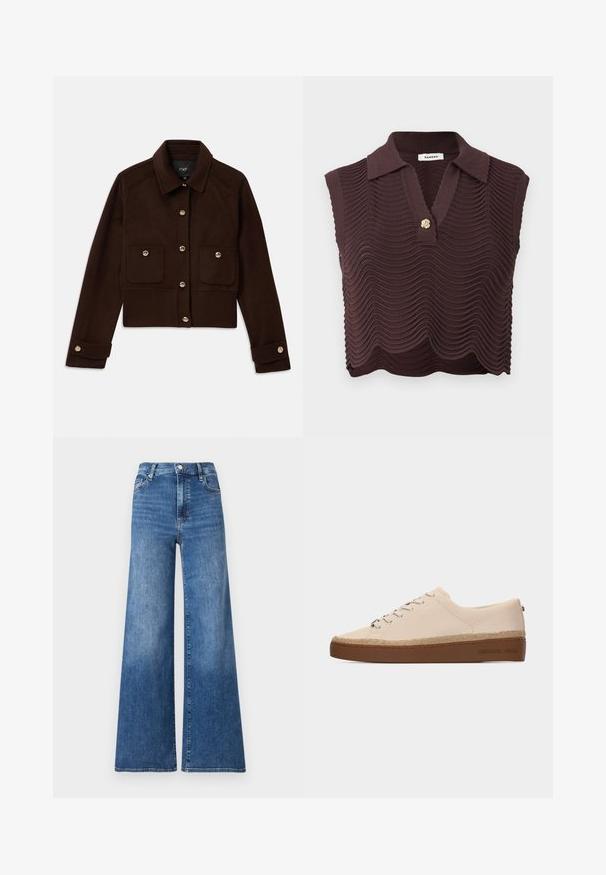 Mørkebrun cropped jakke med lange ærmer, knaplukning foran og ved håndleddene samt to klaplommer med knapper på brystet.; Ærmeløs mørkebrun strikket top med bølget mønster, krave, dyb V-udskæring og en enkelt dekorativ guldknap under halsudskæringen.; Løse blå denim jeans med høj talje, med knaplukning, forlommer og subtilt slid for tekstur.; Beige lærreds-lavtopsneaker med brun gummisål og vævet kant, snørebånd foran og "Michael Kors" præget på siden af sålen.