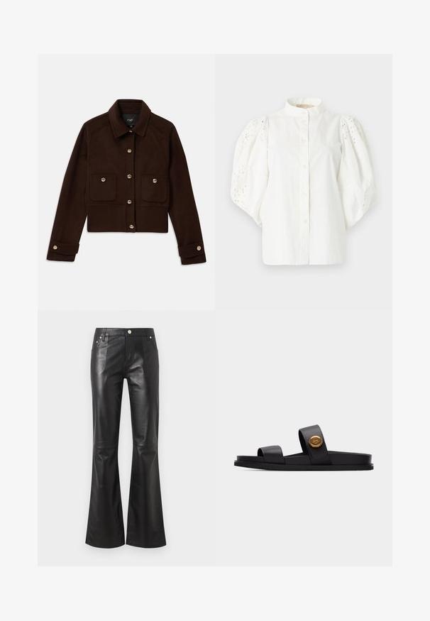 Donkerbruin cropped jack met lange mouwen, knoopsluiting aan de voorkant en manchetknopen, en twee zakken met kleppen en knopen op de borst.; Witte blouse met opgeblazen mouwen van ajourkant, opstaande kraag en knoopsluiting aan de voorkant.; Zwarte faux leren broek met hoge taille en wijde pijpen, voorknopen en ritssluiting, met voor- en achterzakken.; Zwarte slide-sandaal met twee brede bandjes, waarvan één met een goudkleurig rond embleem, platte zool, geïsoleerd op een lichtgrijze achtergrond.