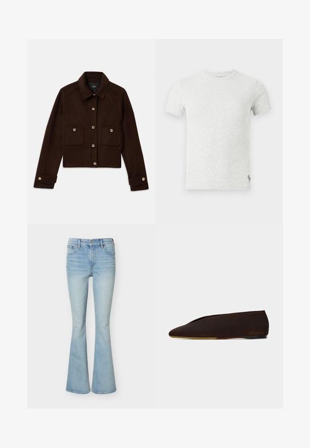 Donkerbruin cropped jack met lange mouwen, knoopsluiting aan de voorkant en manchetknopen, en twee zakken met kleppen en knopen op de borst.; Lichtgrijs geribd T-shirt met korte mouwen en ronde hals met klein geborduurd logo nabij de zoom aan de linkerkant.; Lichtblauwe high waist spijkerbroek met wijde pijpen, knoop aan de voorkant, ritssluiting en vijfzakkenontwerp tegen een effen achtergrond.; Donkerbruine suède platte schoen met een scherpe neus en lage hak, zijaanzicht op een witte achtergrond.