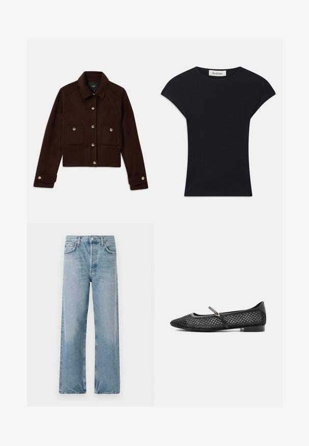 Donkerbruin cropped jack met lange mouwen, knoopsluiting aan de voorkant en manchetknopen, en twee zakken met kleppen en knopen op de borst.; Zwarte korte mouwen top van zacht stof, met een ronde halslijn en een aansluitende vorm met subtiele schouderaccenten. Etiket zichtbaar.; Lichtblauwe denim jeans met een hoge taille, wijde pijpen en een vijf-pocket ontwerp. Kenmerkt een knoopsluiting en subtiele vervaging.; Zwarte platte Mary Jane-schoen met een maas diamantpatroon, enkele band met gesp en lage hak tegen een effen lichte achtergrond.